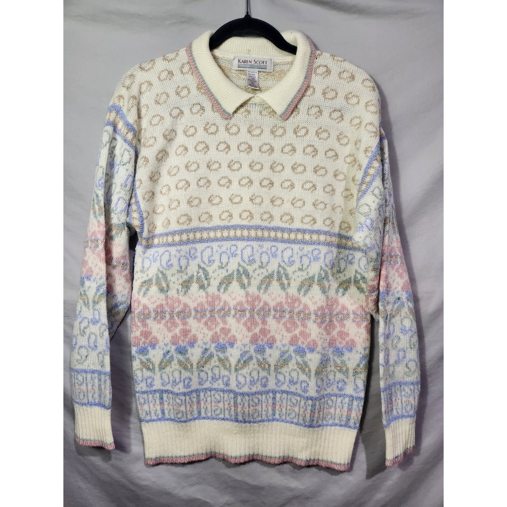 Vtg 80s 90s Karen Scott Pastel Collared Floral Grandmacore Whimsical Feminine SM